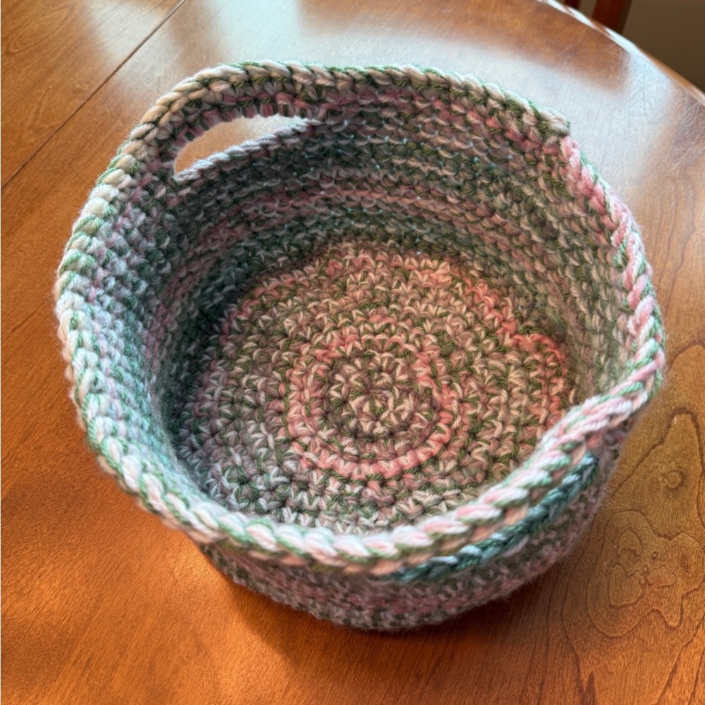 Handmade Crochet Basket With Handles. Pink, Green and Cream. Storage, Gifting. - Picture 2 of 4